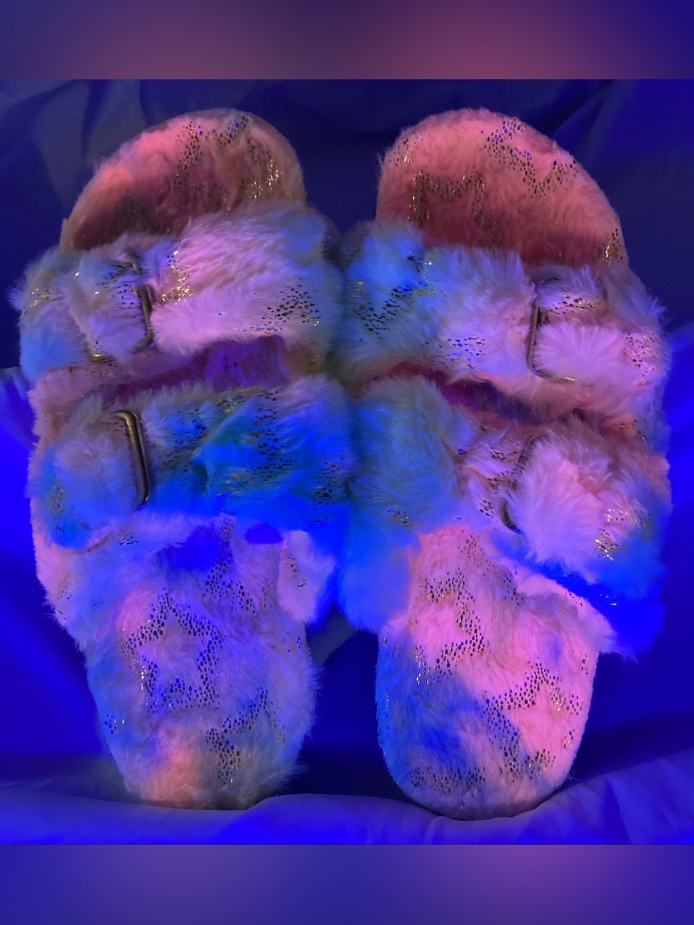 Furry Rainbow Sandals With Stars and Buckles Blacklight Reactive